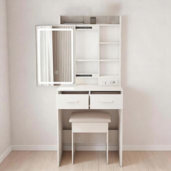 Lufeiya Compact Vanity Table Set with LED Mirror, USB Ports, AC Outlets, Drawers, Hair Dryer Stand