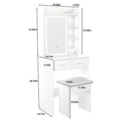 Lufeiya Compact Vanity Table Set with LED Mirror, USB Ports, AC Outlets, Drawers, Hair Dryer Stand