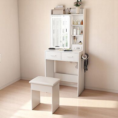 Lufeiya Compact Vanity Table Set with LED Mirror, USB Ports, AC Outlets, Drawers, Hair Dryer Stand