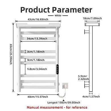 Smart Electric Wall Mounted Heated Towel Rack Warmer, Low Carbon Steel, Plug-in/Hardwired