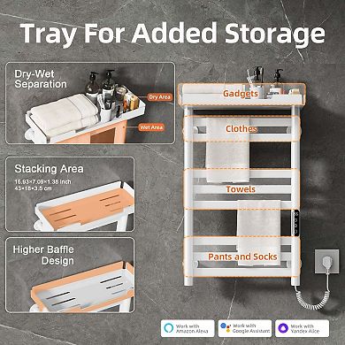 Smart Electric Wall Mounted Heated Towel Rack Warmer, Low Carbon Steel, Plug-in/Hardwired