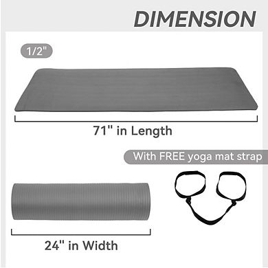 Yoga Mat, 1/2" Extra Thick High Density Exercise Mat with Carrying Strap