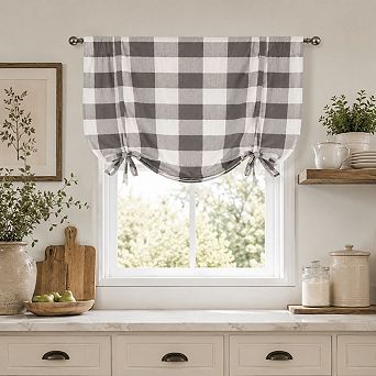 Kate Aurora Country Farmhouse Large Buffalo Plaid Tie Up Window Curtain With Ties