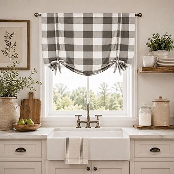 Kate Aurora Country Farmhouse Large Buffalo Plaid Tie Up Window Curtain With Ties