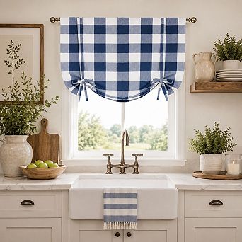Kate Aurora Country Farmhouse Large Buffalo Plaid Tie Up Window Curtain With Ties