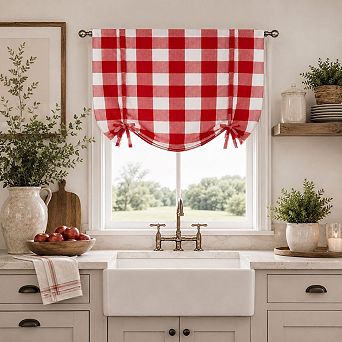 Kate Aurora Country Farmhouse Large Buffalo Plaid Tie Up Window Curtain With Ties