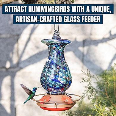 MEKKAPRO Glass Hummingbird Feeder Blue Flower 4 Ports