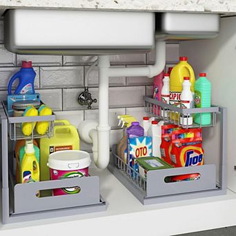 Under Sink 2 tier Pull-Out L-Shape Steel Organizer 14.2"