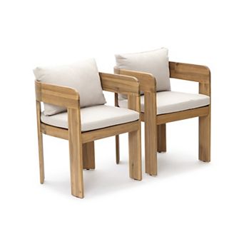 LuxenHome Set of 2 Outdoor Patio Chairs, Acacia Wood Accent Chairs with Cushions and Arms