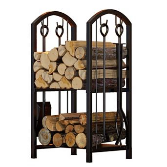 Black 5 pc Fireplace Log Rack with Tool Hooks 15"x13"x29" Indoor Outdoor