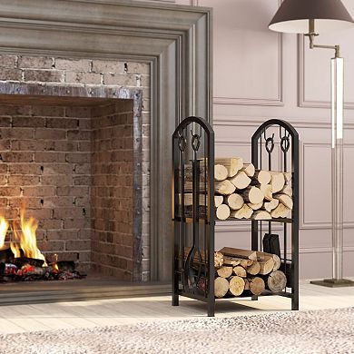 Black 5pc Fireplace Log Rack with Tool Hooks 15"x13"x29" Indoor Outdoor