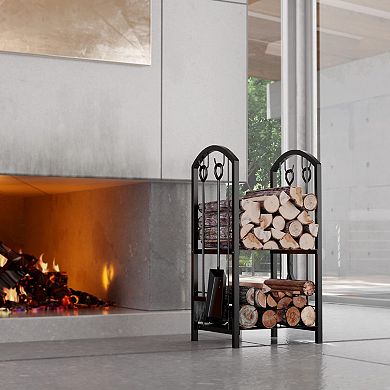 Black 5pc Fireplace Log Rack with Tool Hooks 15"x13"x29" Indoor Outdoor