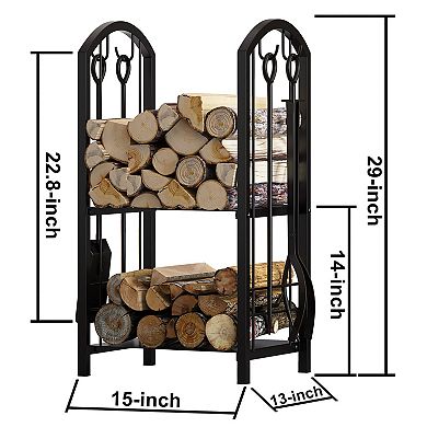 Black 5pc Fireplace Log Rack with Tool Hooks 15"x13"x29" Indoor Outdoor