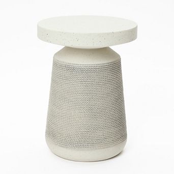 LuxenHome 18" Patio Side Table, Ivory Textured Small Round Patio Table with Sculpted Rope-Look Base