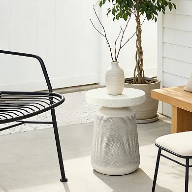 LuxenHome 18" Patio Side Table, Ivory Textured Small Round Patio Table with Sculpted Rope-Look Base