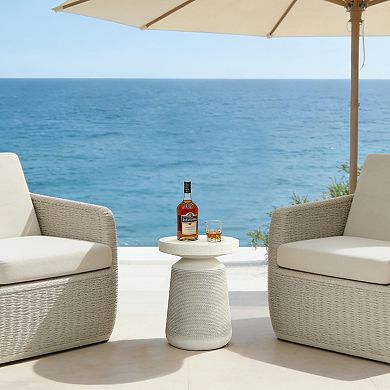 LuxenHome 18" Patio Side Table, Ivory Textured Small Round Patio Table with Sculpted Rope-Look Base