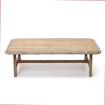 LuxenHome 47" Outdoor Coffee Table for Patio, Acacia Wood Patio Table with Woven Trim