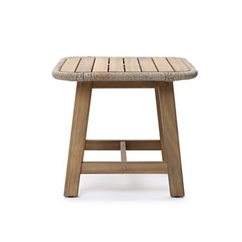 LuxenHome 17.5" Outdoor Side Table, Acacia Wood Patio End Table with Woven Wicker Trim, Accent Table