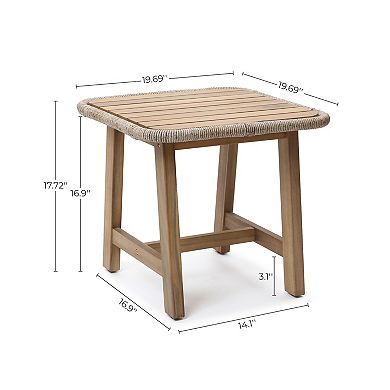 LuxenHome 17.5" Outdoor Side Table, Acacia Wood Patio End Table with Woven Wicker Trim, Accent Table