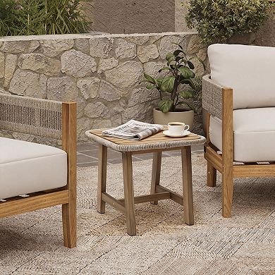 LuxenHome 17.5" Outdoor Side Table, Acacia Wood Patio End Table with Woven Wicker Trim, Accent Table