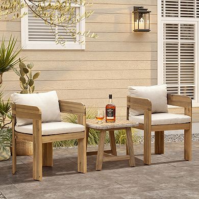 LuxenHome 17.5" Outdoor Side Table, Acacia Wood Patio End Table with Woven Wicker Trim, Accent Table