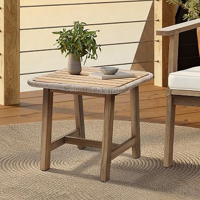 LuxenHome 17.5" Outdoor Side Table, Acacia Wood Patio End Table with Woven Wicker Trim, Accent Table