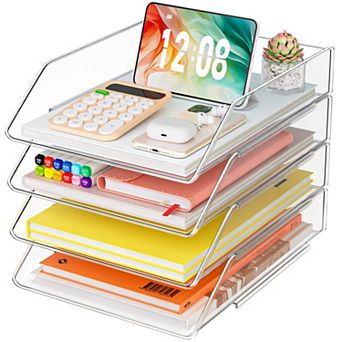4 tier Clear Stackable Letter Tray Organizer for Desk A4 Files Mail Notes