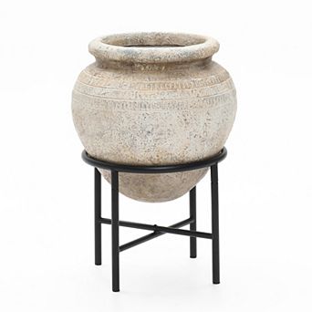 LuxenHome Large Planter for Indoor Plants, Indoor Plant Pot with Stand, Distressed Cachepot