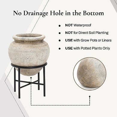 LuxenHome Large Planter for Indoor Plants, Indoor Plant Pot with Stand, Distressed Cachepot
