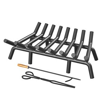 24" Heavy-Duty Steel Fireplace Grate 8-Leg Stable Coal Holder with Poker Tongs