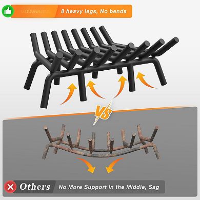 24" Heavy-Duty Steel Fireplace Grate 8-Leg Stable Coal Holder with Poker Tongs