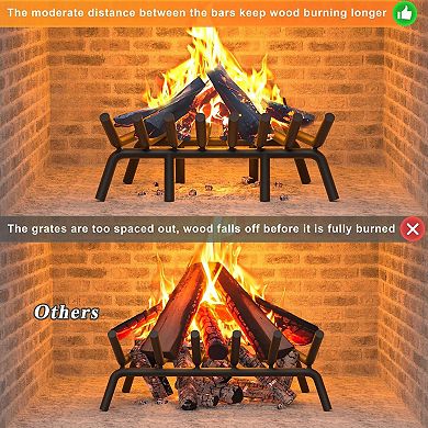 24" Heavy-Duty Steel Fireplace Grate 8-Leg Stable Coal Holder with Poker Tongs