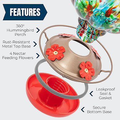 MEKKAPRO Glass Hummingbird Feeder Green Waterdrop 4 Ports