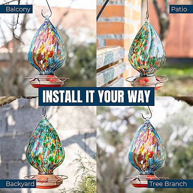 MEKKAPRO Glass Hummingbird Feeder Green Waterdrop 4 Ports