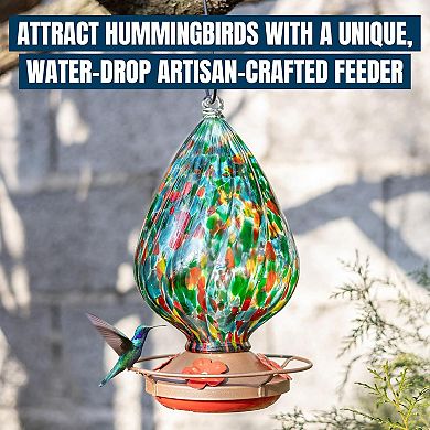 MEKKAPRO Glass Hummingbird Feeder Green Waterdrop 4 Ports