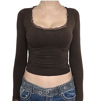 Women Y2k Retro Long Sleeve Shirt Top Slim Fit Lace Trim T-Shirt Tee Tops Streetwear