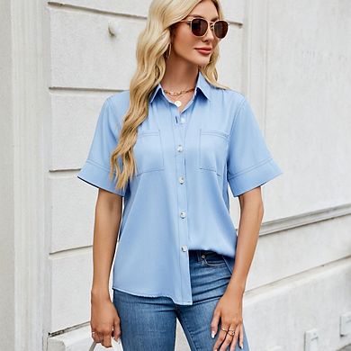 Womens Short Sleeve Shirts V Neck Collared Button Down Shirt Tops with Pockets
