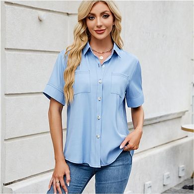 Womens Short Sleeve Shirts V Neck Collared Button Down Shirt Tops with Pockets