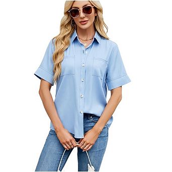 Womens Short Sleeve Shirts V Neck Collared Button Down Shirt Tops with Pockets