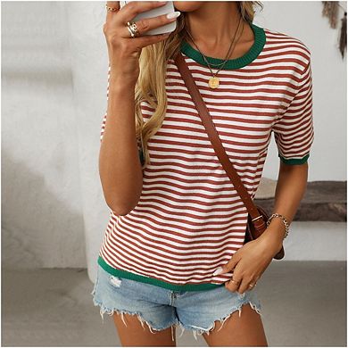 Womens Tops Casual Short Sleeve Sweatshirt Summer Striped Shirt Crewneck Pullover