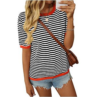 Womens Tops Casual Short Sleeve Sweatshirt Summer Striped Shirt Crewneck Pullover