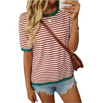 Womens Tops Casual Short Sleeve Sweatshirt Summer Striped Shirt Crewneck Pullover