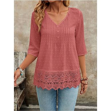 Women's Summer Casual Lace Patchwork Blouses 3/4 Sleeve Button Tunic Top Pleated Henley Shirts