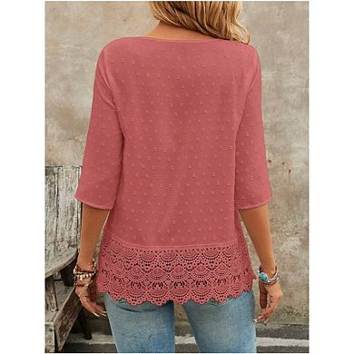 Women's Summer Casual Lace Patchwork Blouses 3/4 Sleeve Button Tunic Top Pleated Henley Shirts