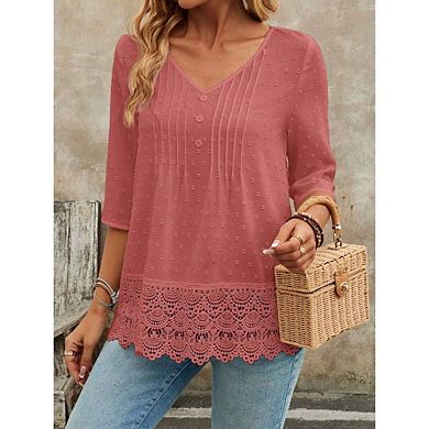 Women's Summer Casual Lace Patchwork Blouses 3/4 Sleeve Button Tunic Top Pleated Henley Shirts