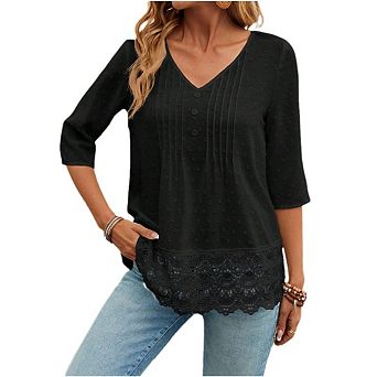 Women's Summer Casual Lace Patchwork Blouses 3/4 Sleeve Button Tunic Top Pleated Henley Shirts