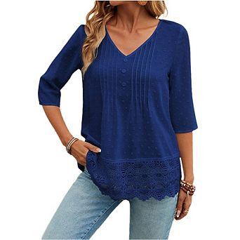 Women's Summer Casual Lace Patchwork Blouses 3/4 Sleeve Button Tunic Top Pleated Henley Shirts