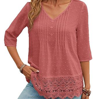 Women's Summer Casual Lace Patchwork Blouses 3/4 Sleeve Button Tunic Top Pleated Henley Shirts