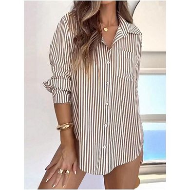 Wome Striped Button Down Shirts Long Sleeve Casual Collared Office Work Shirt with Pocket