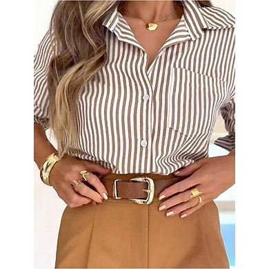 Wome Striped Button Down Shirts Long Sleeve Casual Collared Office Work Shirt with Pocket